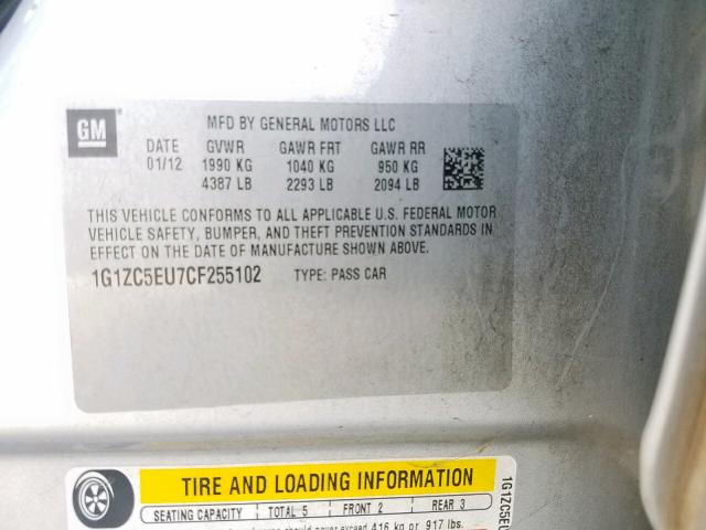 1G1ZC5EU7CF255102 - 2012 CHEVROLET MALIBU 1LT SILVER photo 10