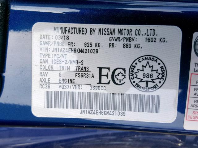 JN1AZ4EH6KM421039 - 2019 NISSAN 370Z BASE BLUE photo 10