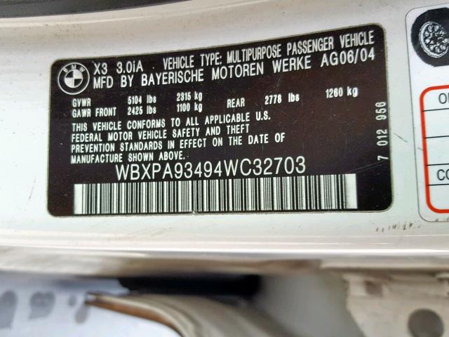 WBXPA93494WC32703 - 2004 BMW X3 3.0I WHITE photo 10