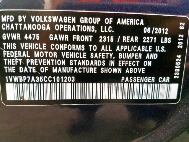 1VWBP7A35CC101203 - 2012 VOLKSWAGEN PASSAT SE BLUE photo 10