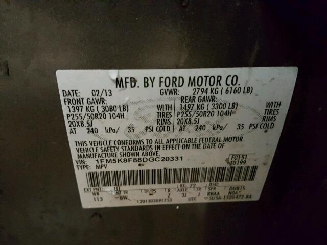 1FM5K8F88DGC20331 - 2013 FORD EXPLORER L GRAY photo 10