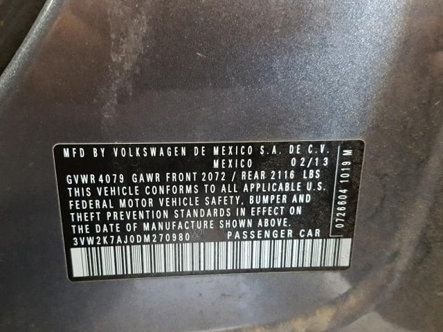 3VW2K7AJ0DM270980 - 2013 VOLKSWAGEN JETTA BASE Մոխրագույն լուսանկար 10