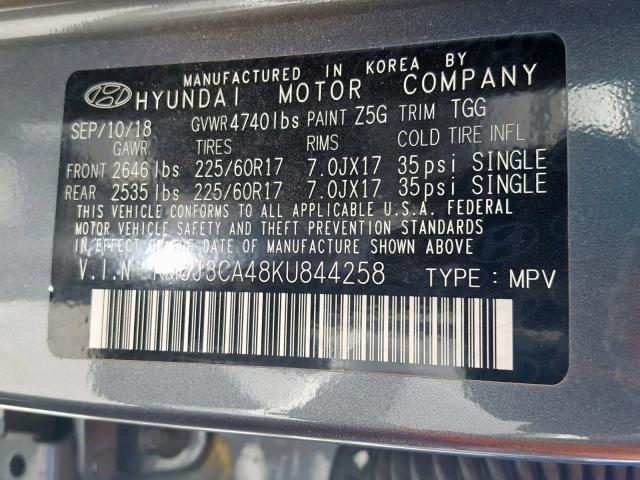 KM8J3CA48KU844258 - 2019 HYUNDAI TUCSON LIM GRAY photo 10