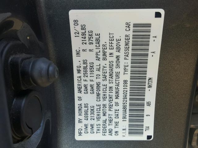 19UUA86529A021098 - 2009 ACURA TL GRAY photo 10