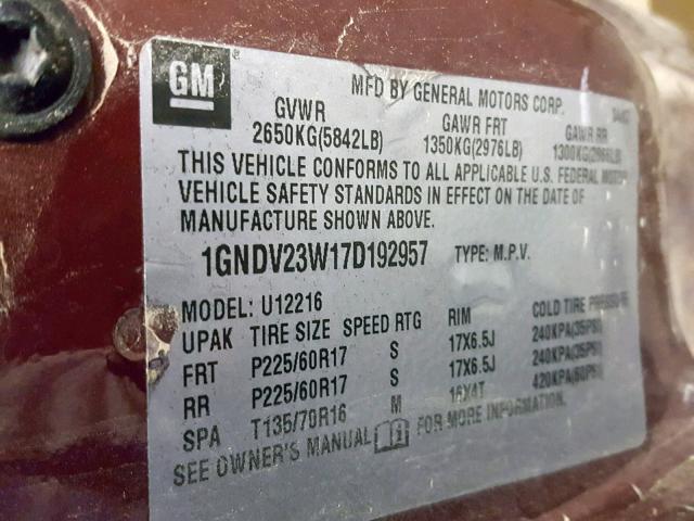 1GNDV23W17D192957 - 2007 CHEVROLET UPLANDER L 栗色 照片 10