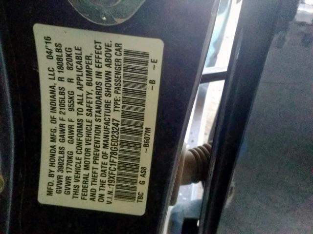 19XFC1F78GE023247 - 2016 HONDA CIVIC EXL ლურჯი ფოტო 10