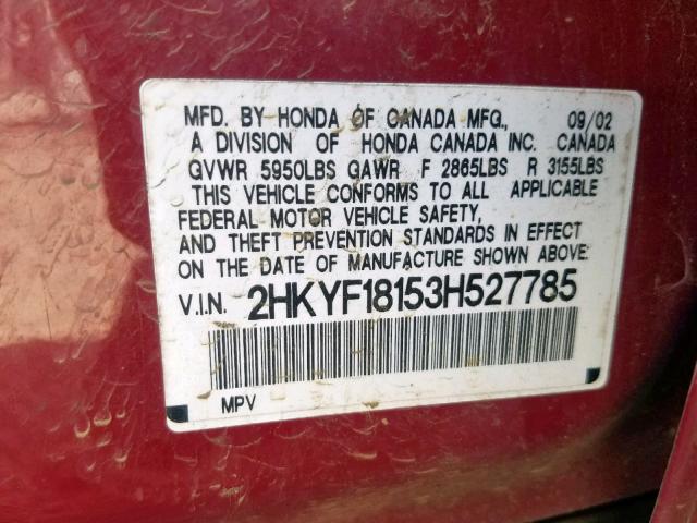 2HKYF18153H527785 - 2003 HONDA PILOT LX RED photo 10