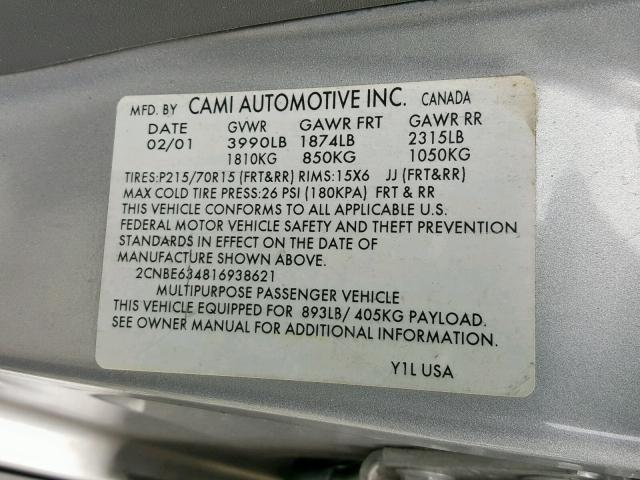 2CNBE634816938621 - 2001 CHEVROLET TRACKER LT SILVER photo 10