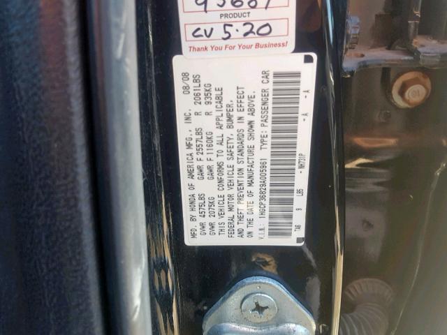 1HGCP36829A005961 - 2009 HONDA ACCORD EXL BLACK photo 10