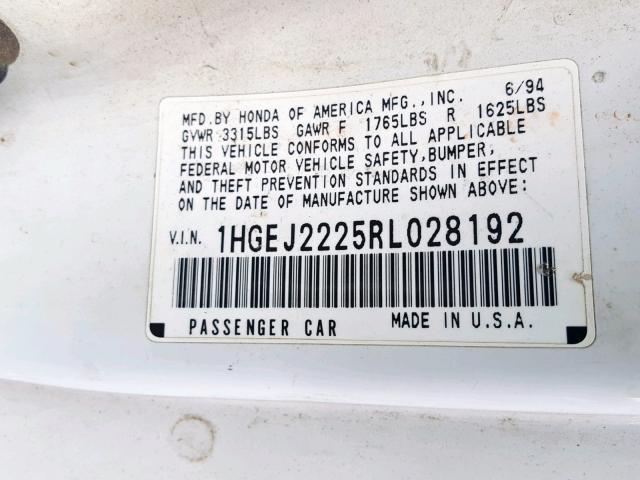 1HGEJ2225RL028192 - 1994 HONDA CIVIC DX WHITE photo 10