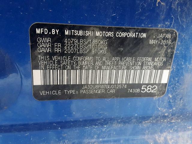 JA32U8FW7GU012574 - 2016 MITSUBISHI LANCER GT BLUE photo 10