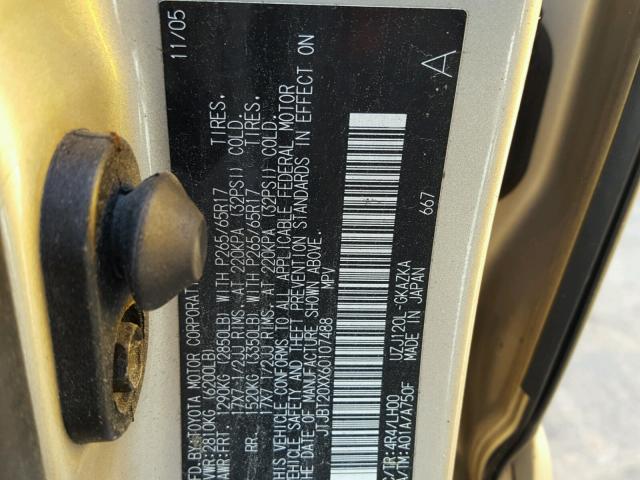 JTJBT20XX60107488 - 2006 LEXUS GX 470 GOLD photo 10