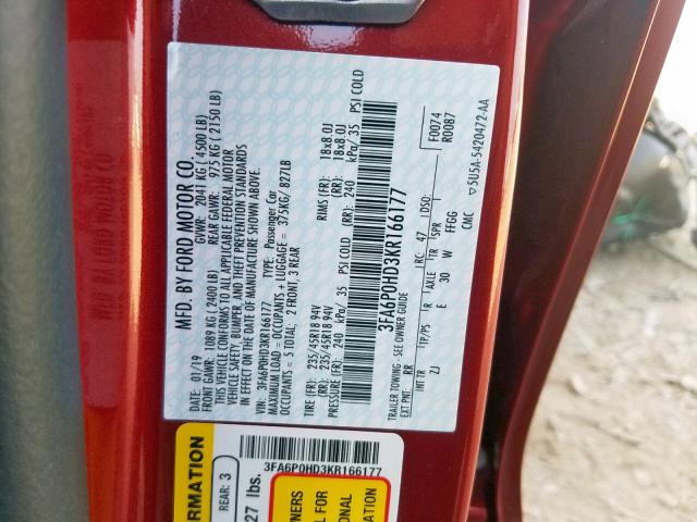 3FA6P0HD3KR166177 - 2019 FORD FUSION SE RED photo 10