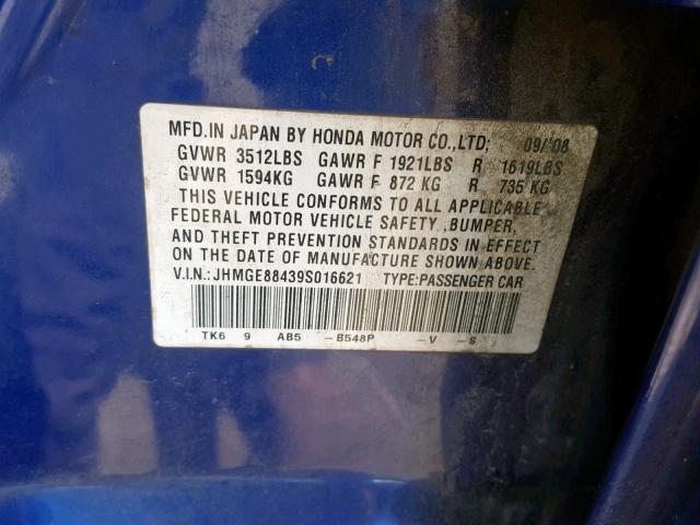 JHMGE88439S016621 - 2009 HONDA FIT SPORT BLUE photo 10