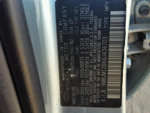 KM8JM12B66U436703 - 2006 HYUNDAI TUCSON GL GRAY photo 10