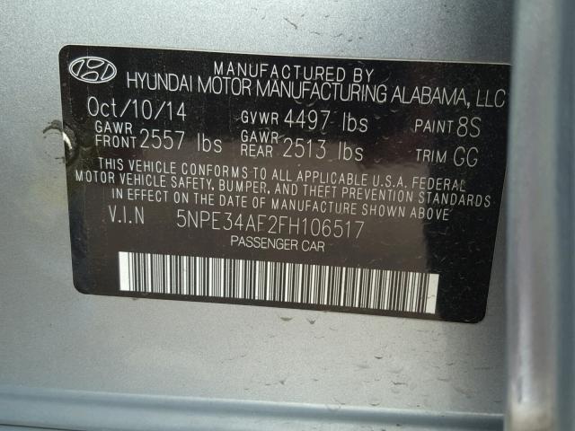 5NPE34AF2FH106517 - 2015 HYUNDAI SONATA SPO GRAY photo 10