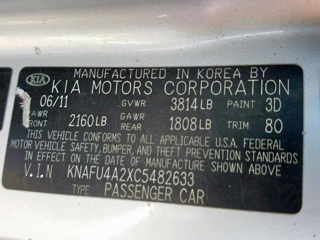 KNAFU4A2XC5482633 - 2012 KIA FORTE EX SILVER photo 10