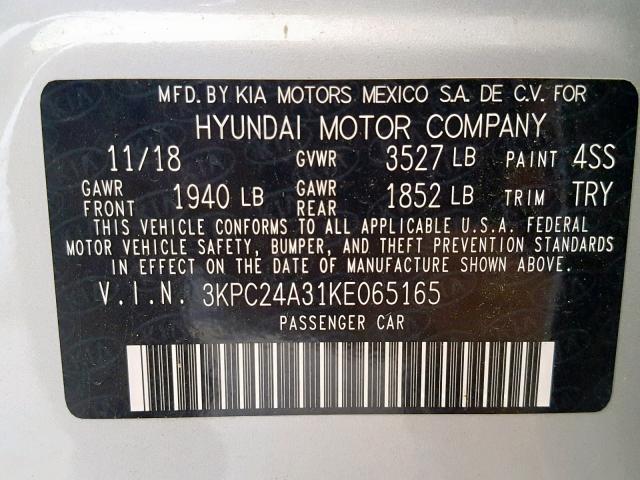 3KPC24A31KE065165 - 2019 HYUNDAI ACCENT SE SILVER photo 10