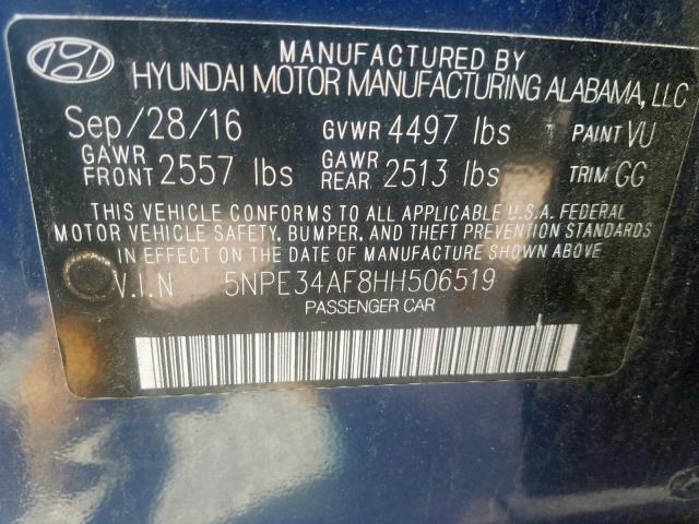 5NPE34AF8HH506519 - 2017 HYUNDAI SONATA SPO BLUE photo 10