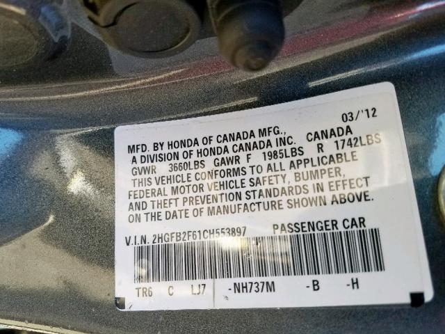 2HGFB2F61CH553897 - 2012 HONDA CIVIC HF CHARCOAL photo 10