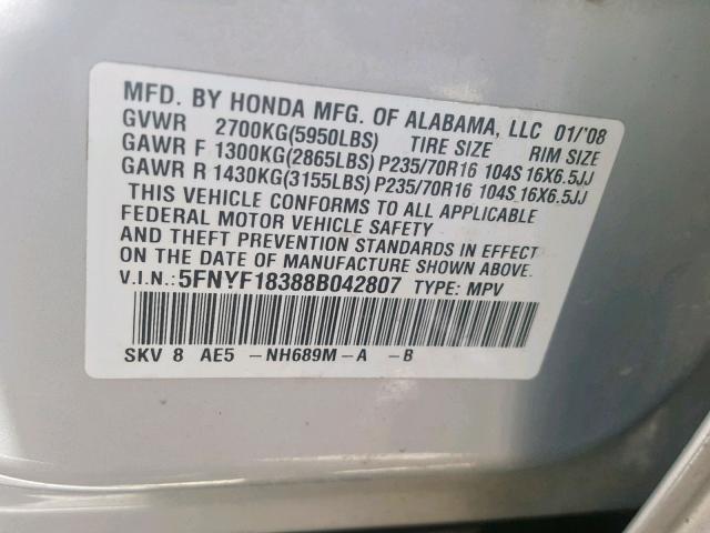 5FNYF18388B042807 - 2008 HONDA PILOT SE SILVER photo 10