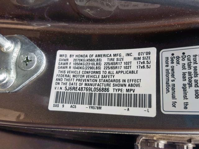 5J6RE48769L056886 - 2009 HONDA CR-V EXL GRAY photo 10