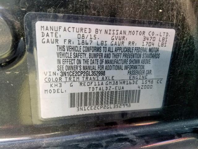 3N1CE2CP2GL352998 - 2016 NISSAN VERSA NOTE BLACK photo 10