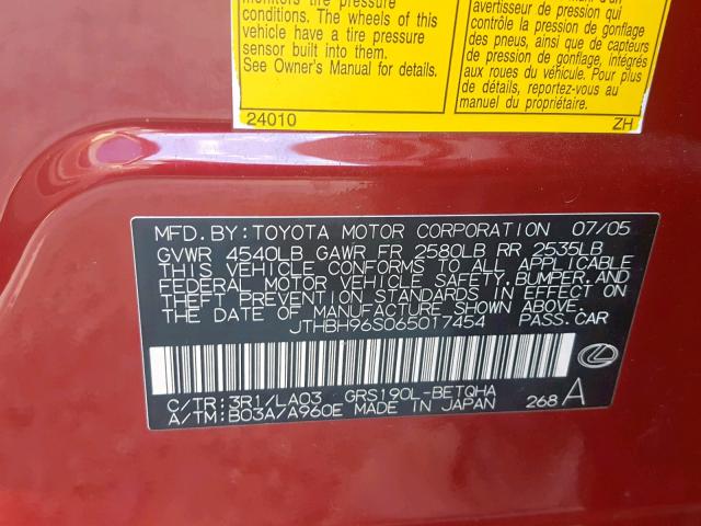 JTHBH96S065017454 - 2006 LEXUS GS 300 RED photo 10