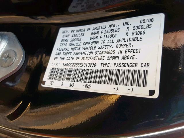 1HGCS22888A013270 - 2008 HONDA ACCORD EXL BLACK photo 10