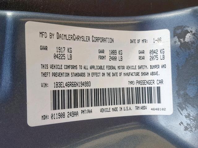 1B3EL46R66N194993 - 2006 DODGE STRATUS SX GRAY photo 10