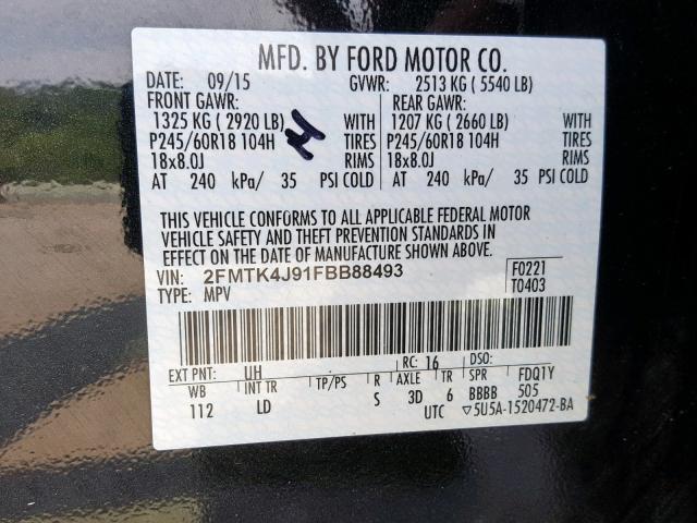 2FMTK4J91FBB88493 - 2015 FORD EDGE SEL BLACK photo 10