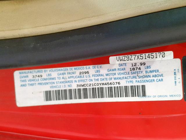 3VWCC21C0YM456076 - 2000 VOLKSWAGEN NEW BEETLE Qırmızı foto 10