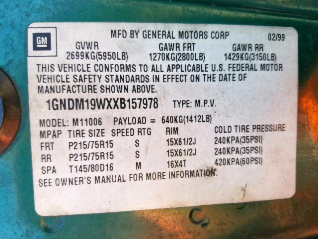 1GNDM19WXXB157978 - 1999 CHEVROLET ASTRO GREEN photo 10