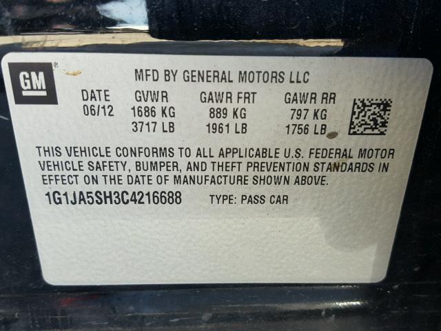 1G1JA5SH3C4216688 - 2012 CHEVROLET SONIC LS 黑色 照片 10