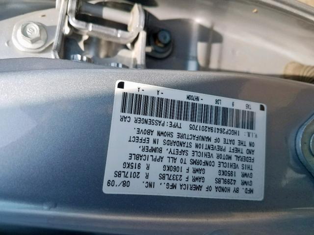 1HGCP26419A201705 - 2009 HONDA ACCORD LXP GRAY photo 10