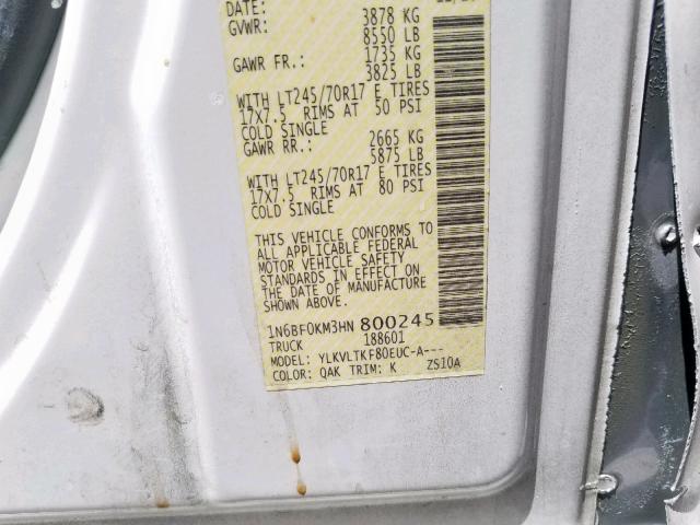 1N6BF0KM3HN800245 - 2017 NISSAN NV 1500 S WHITE photo 10