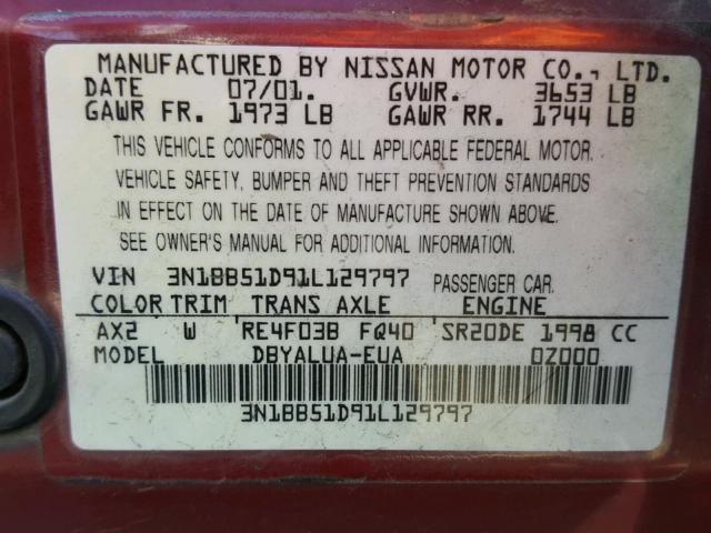 3N1BB51D91L129797 - 2001 NISSAN SENTRA SE RED photo 10