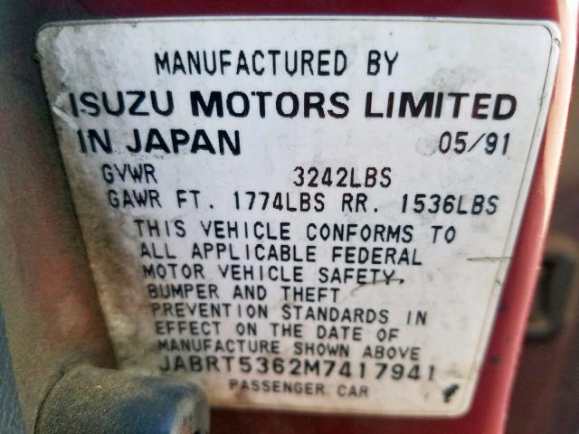 JABRT5362M7417941 - 1991 ISUZU STYLUS S RED photo 10