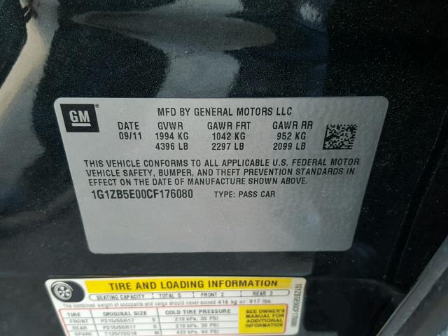 1G1ZB5E00CF176080 - 2012 CHEVROLET MALIBU LS შავი ფოტო 10