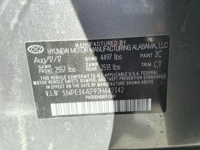 5NPE34AF9JH642342 - 2018 HYUNDAI SONATA SPO GRAY photo 10