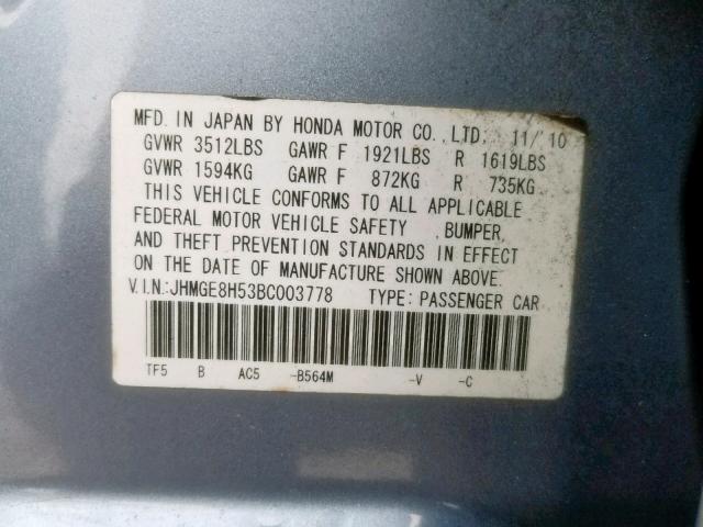 JHMGE8H53BC003778 - 2011 HONDA FIT SPORT BLUE photo 10