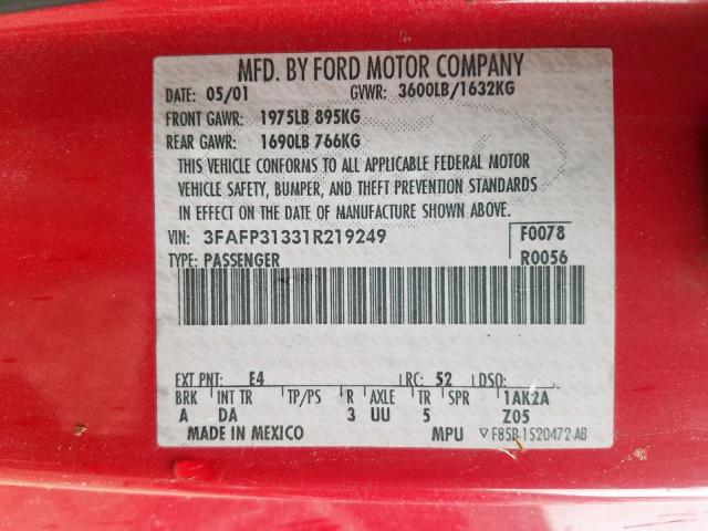 3FAFP31331R219249 - 2001 FORD FOCUS ZX3 RED photo 10