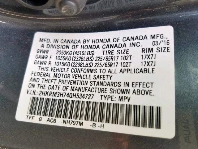 2HKRM3H74GH534727 - 2016 HONDA CR-V EXL CHARCOAL photo 10