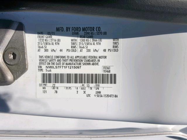 NM0LS7F71F1215097 - 2015 FORD TRANSIT CO WHITE photo 10