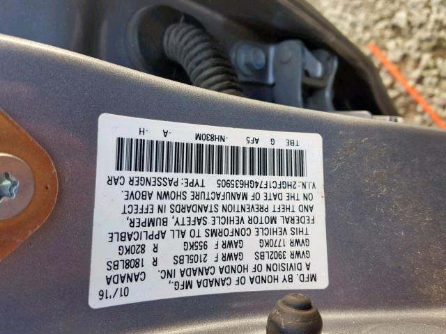 2HGFC1F74GH635905 - 2016 HONDA CIVIC EXL 银色 照片 10