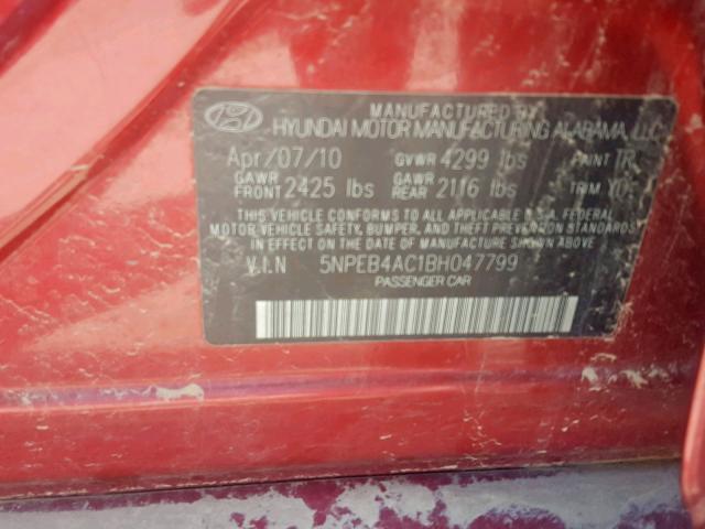 5NPEB4AC1BH047799 - 2011 HYUNDAI SONATA GLS RED photo 10