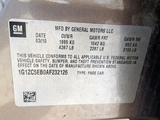 1G1ZC5EB0AF232126 - 2010 CHEVROLET MALIBU 1LT 灰色 照片 10