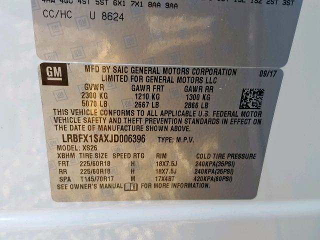 LRBFX1SAXJD006396 - 2018 BUICK ENVISION E WHITE photo 10