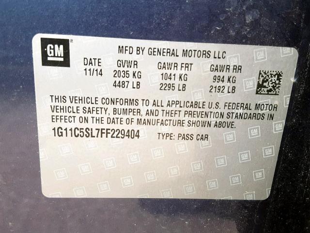 1G11C5SL7FF229404 - 2015 CHEVROLET MALIBU 1LT 蓝色 照片 10