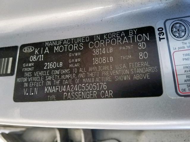 KNAFU4A24C5505176 - 2012 KIA FORTE EX SILVER photo 10